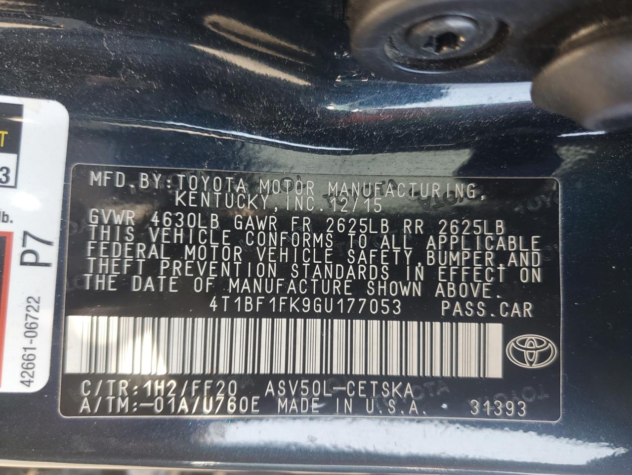 4T1BF1FK9GU177053 TOYOTA CAMRY 2016