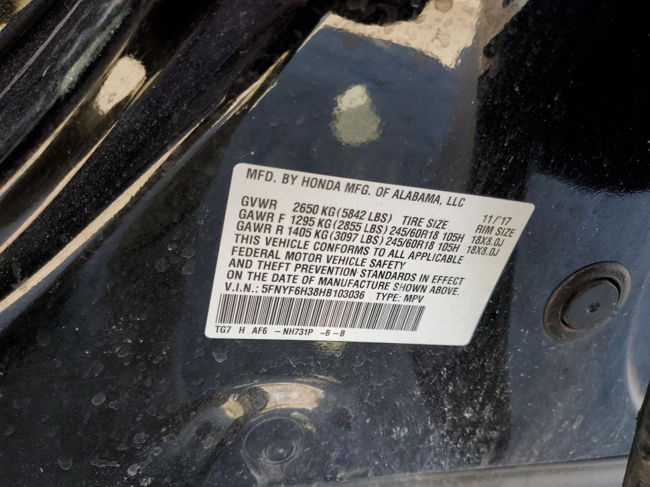 2017 Honda Pilot Ex VIN: 5FNYF6H38HB103036 Lot: 48309625