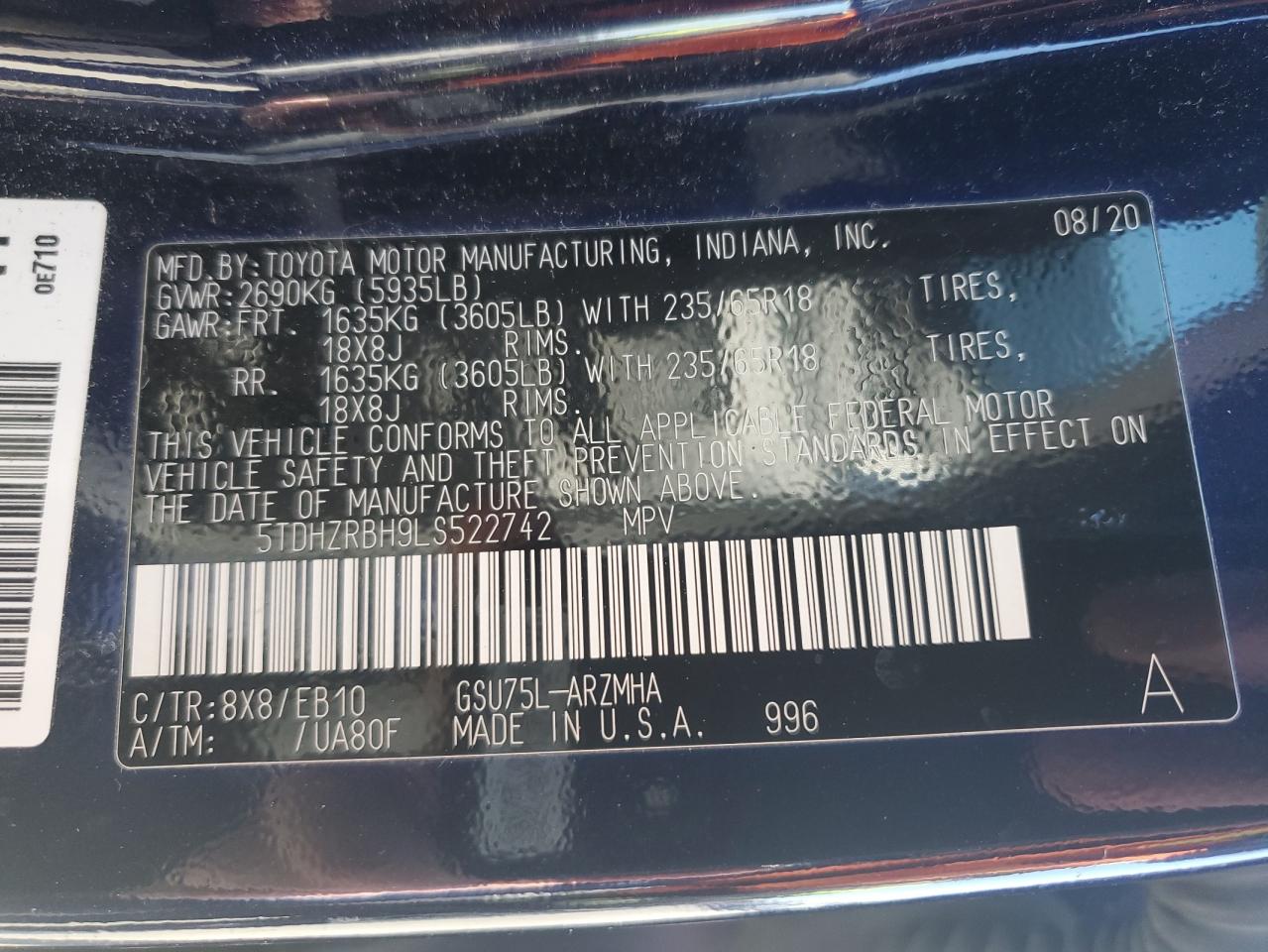 5TDHZRBH9LS522742 TOYOTA HIGHLANDER 2020