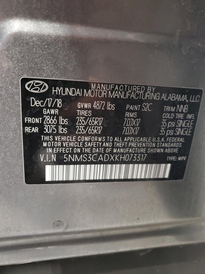 2019 Hyundai Santa Fe Sel VIN: 5NMS3CADXKH073317 Lot: 47591455