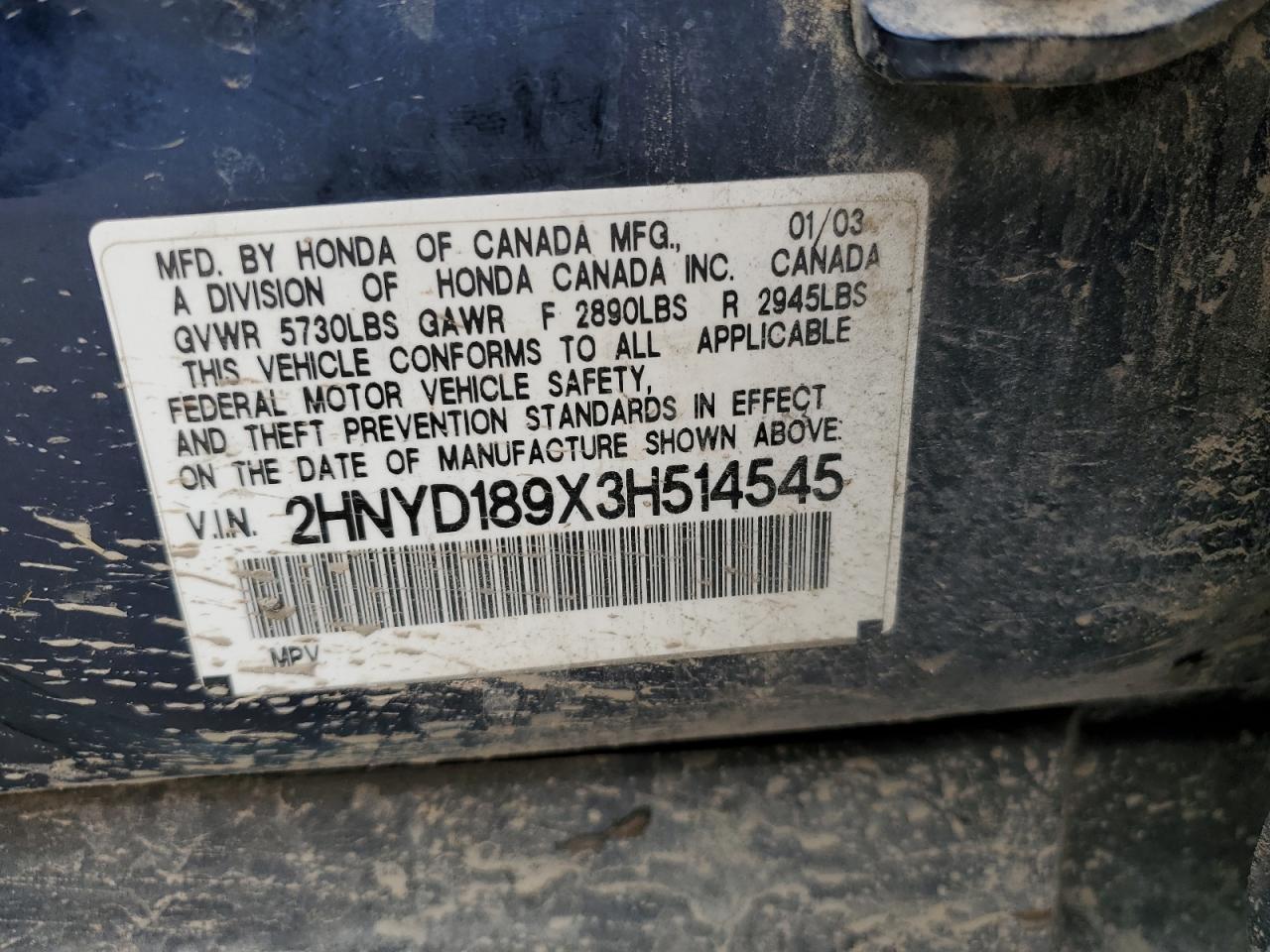 2003 Acura Mdx Touring VIN: 2HNYD189X3H514545 Lot: 49901885