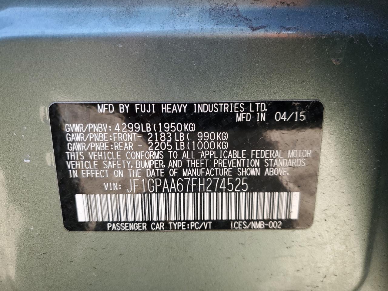 2015 Subaru Impreza VIN: JF1GPAA67FH274525 Lot: 49233955