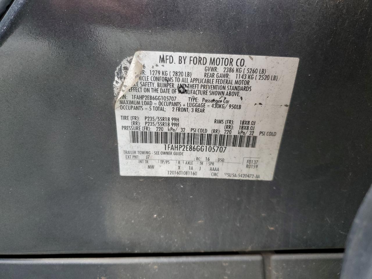 2016 Ford Taurus Sel VIN: 1FAHP2E86GG105707 Lot: 50104365