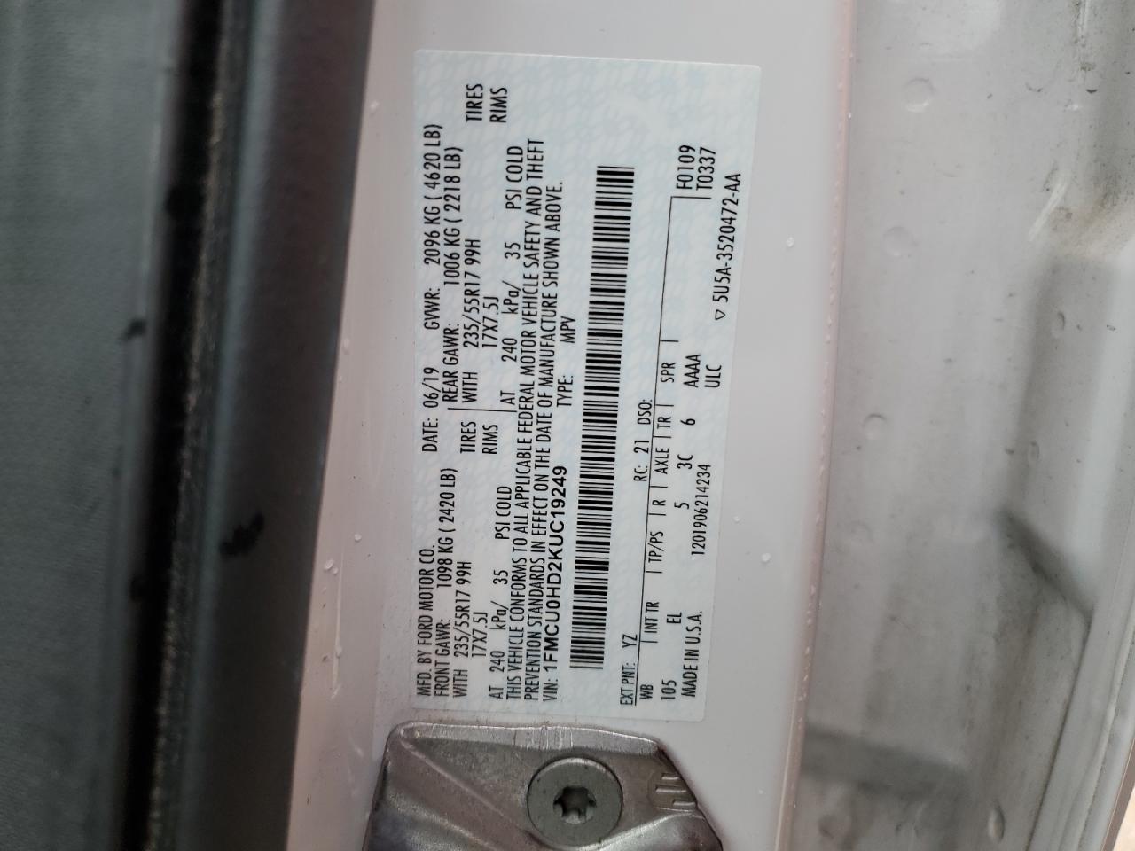 1FMCU0HD2KUC19249 FORD ESCAPE 2019