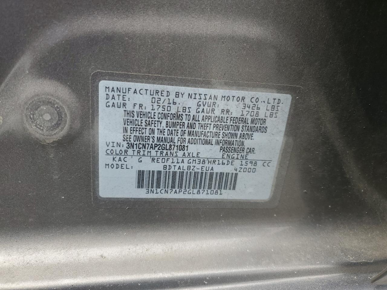 3N1CN7AP2GL871081 NISSAN VERSA 2016