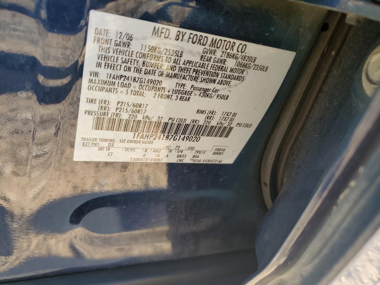 2007 Ford Five Hundred Sel VIN: 1FAHP24187G149020 Lot: 48133675