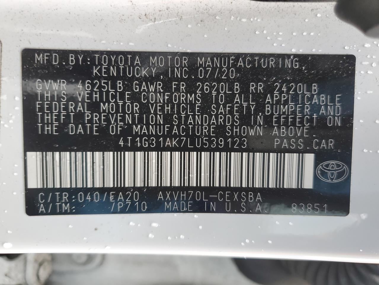 4T1G31AK7LU539123 TOYOTA CAMRY 2020