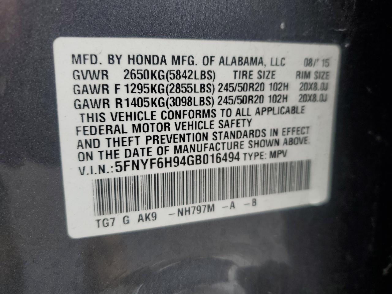 5FNYF6H94GB016494 HONDA PILOT 2016