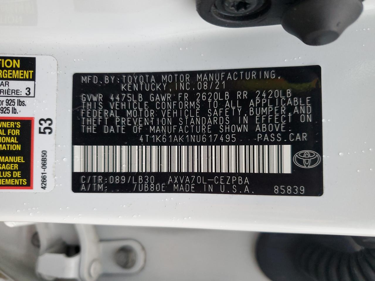 2022 Toyota Camry Xse VIN: 4T1K61AK1NU617495 Lot: 50467425