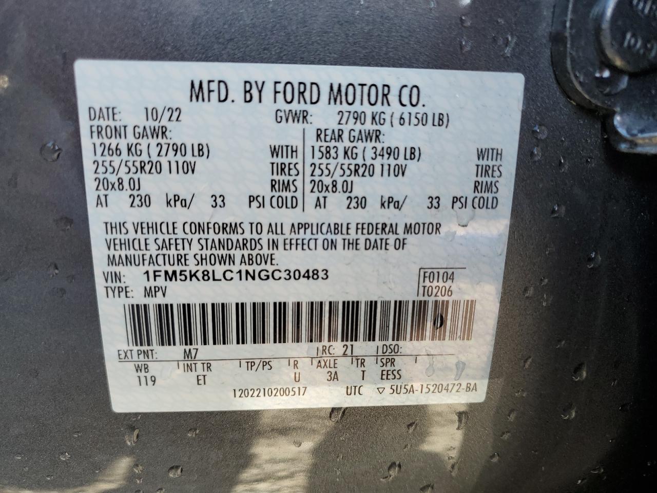 1FM5K8LC1NGC30483 FORD EXPLORER 2022
