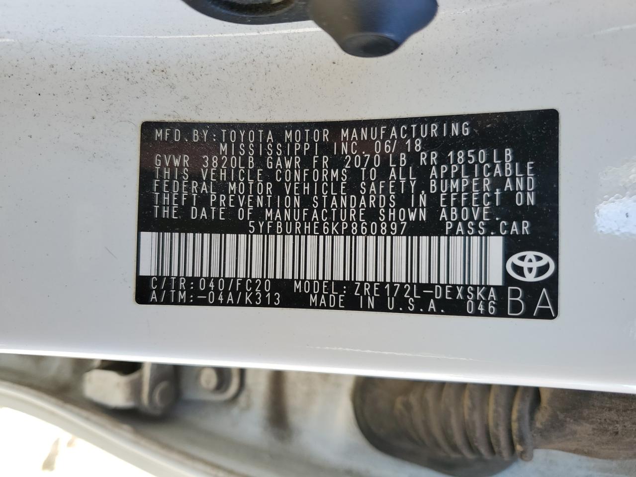 5YFBURHE6KP860897 TOYOTA COROLLA 2019