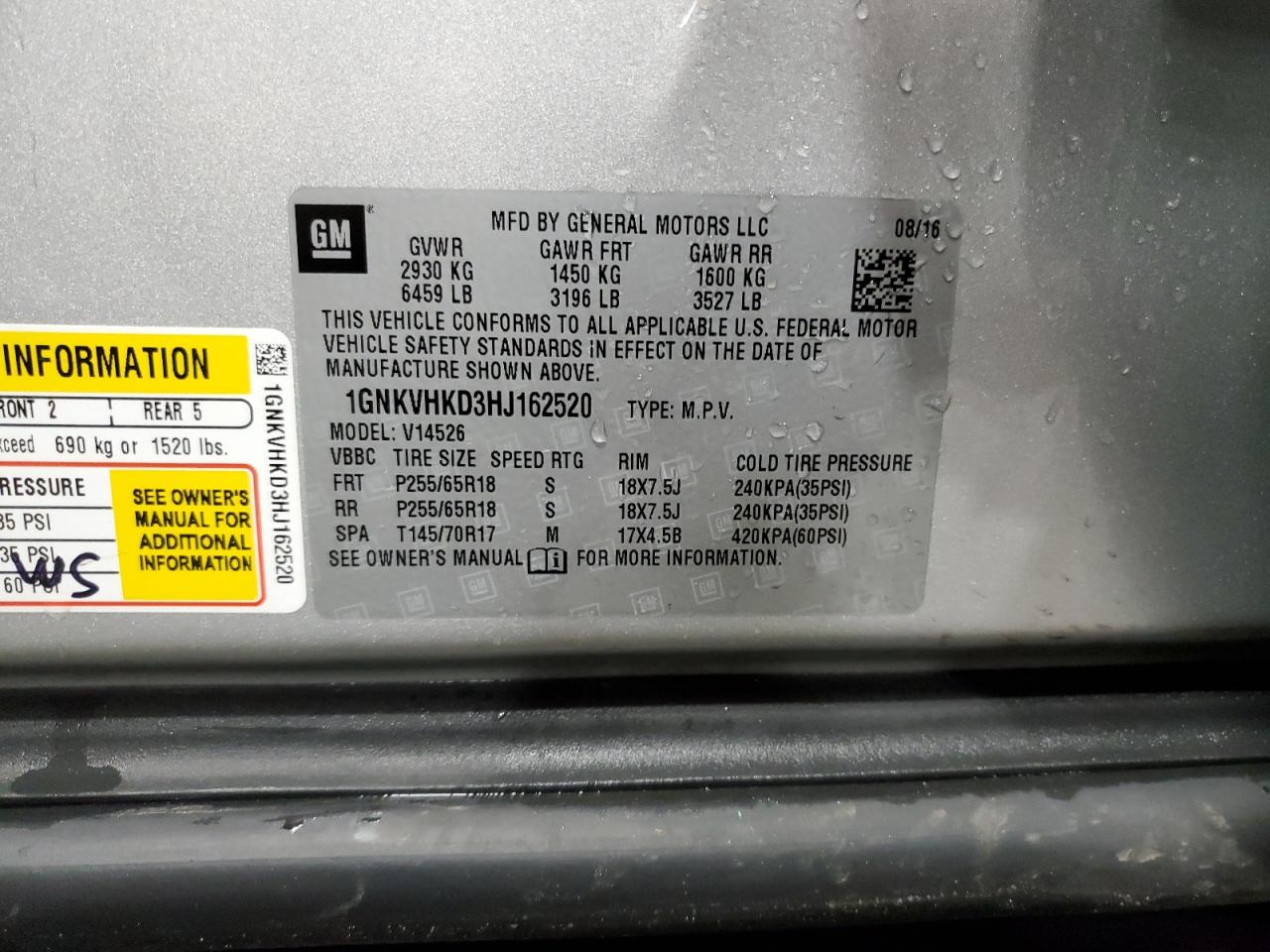 1GNKVHKD3HJ162520 CHEVROLET TRAVERSE 2017