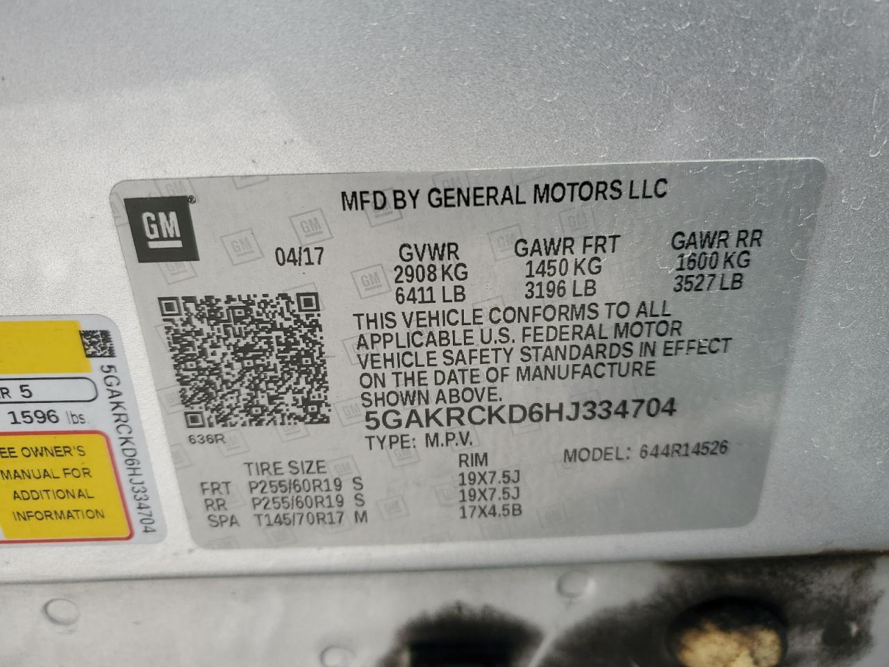 2017 Buick Enclave VIN: 5GAKRCKD6HJ334704 Lot: 49456205