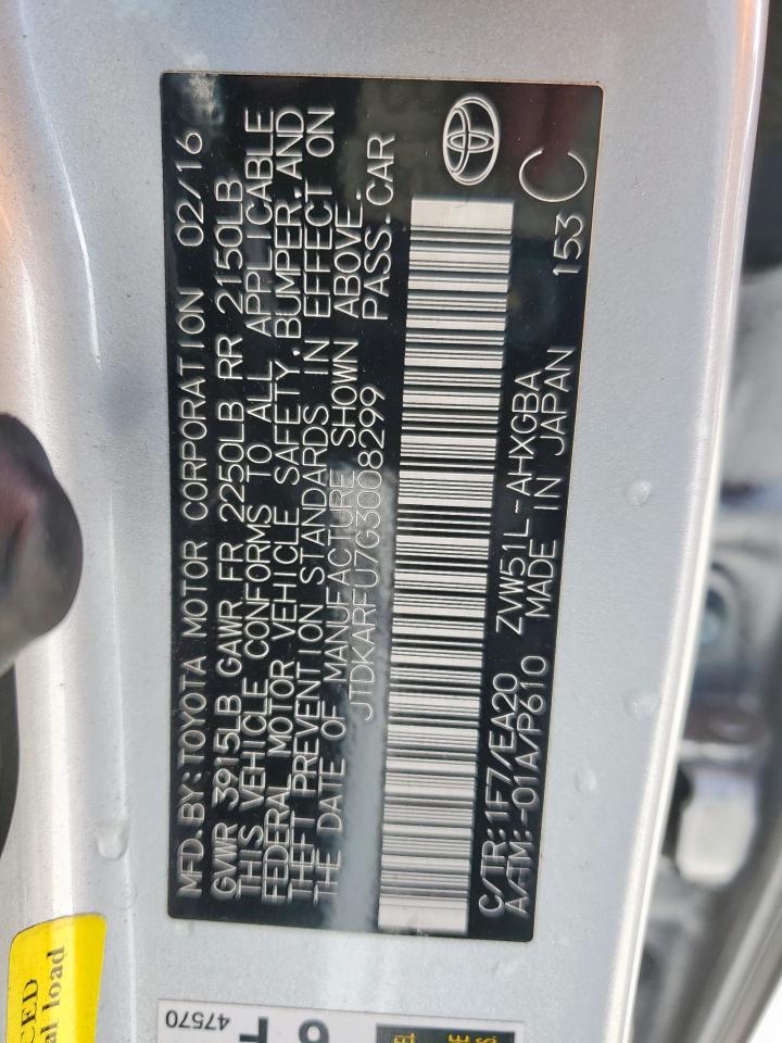 JTDKARFU7G3008299 TOYOTA PRIUS 2016