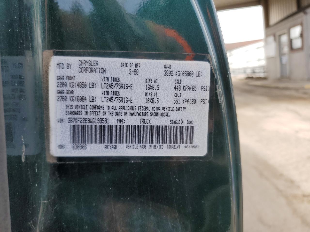1998 Dodge Ram VIN: 3B7KF226WG193581 Lot: 49373075