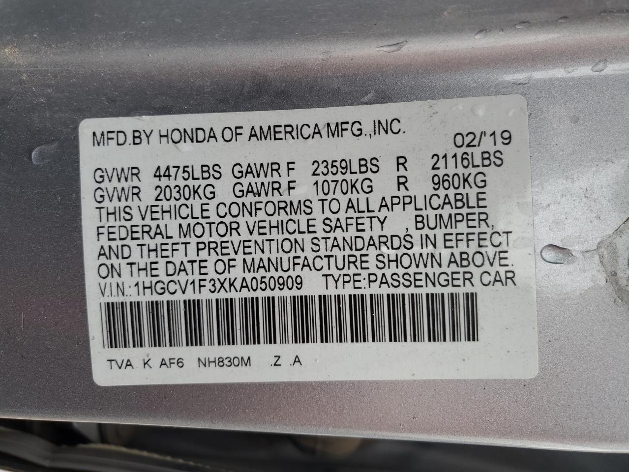 1HGCV1F3XKA050909 HONDA ACCORD 2019