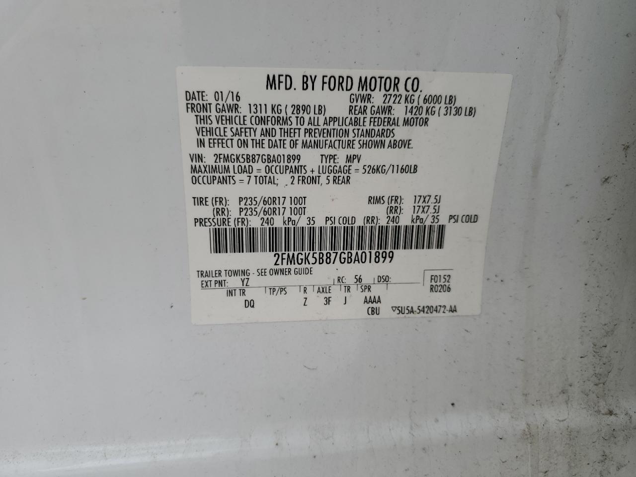 2FMGK5B87GBA01899 FORD FLEX 2016