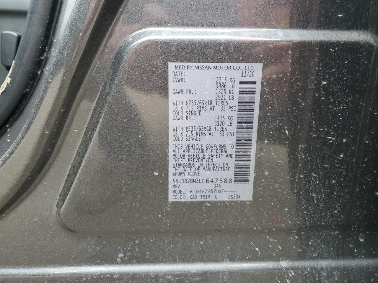 2020 Nissan Pathfinder Sv VIN: 5N1DR2BM3LC647588 Lot: 64805405