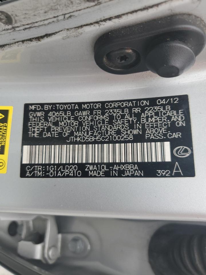 2012 Lexus Ct 200 VIN: JTHKD5BH5C2100258 Lot: 50831605