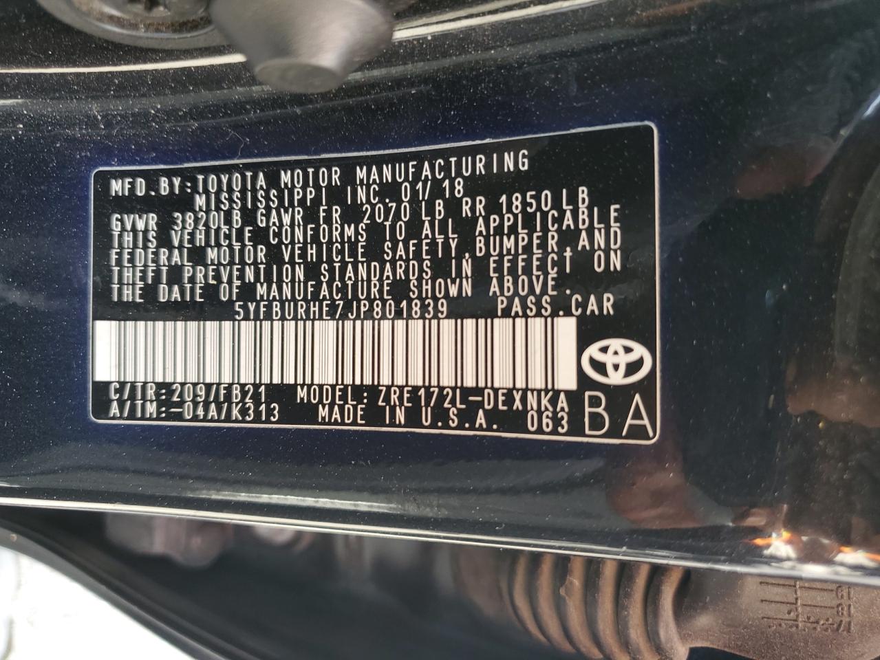 5YFBURHE7JP801839 TOYOTA COROLLA 2018