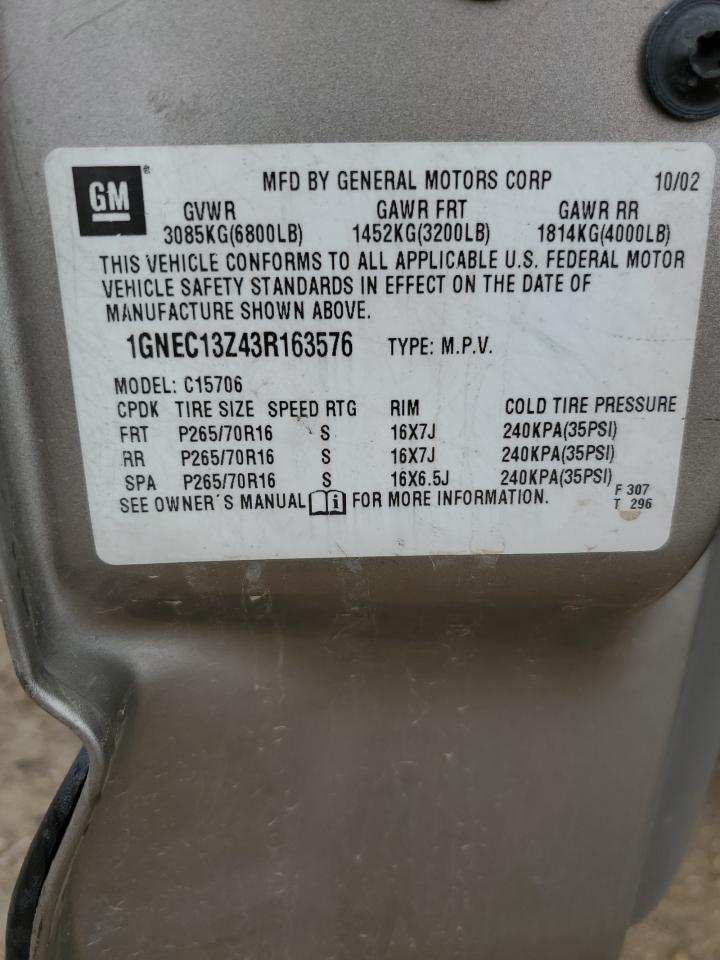 2003 Chevrolet Tahoe C1500 VIN: 1GNEC13Z43R163576 Lot: 50823645