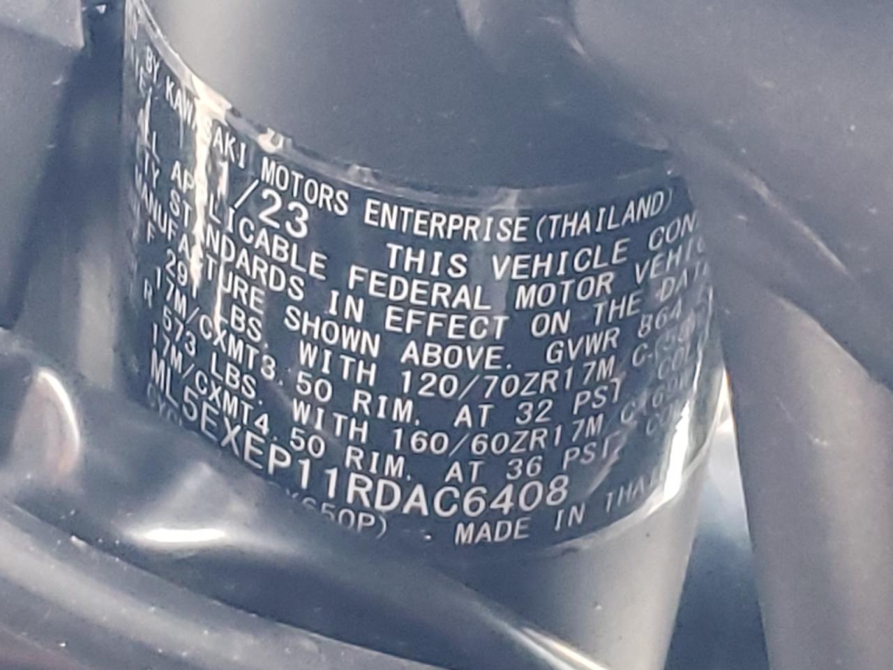 2024 Kawasaki Ex650 P VIN: ML5EXEP11RDAC6408 Lot: 50028245