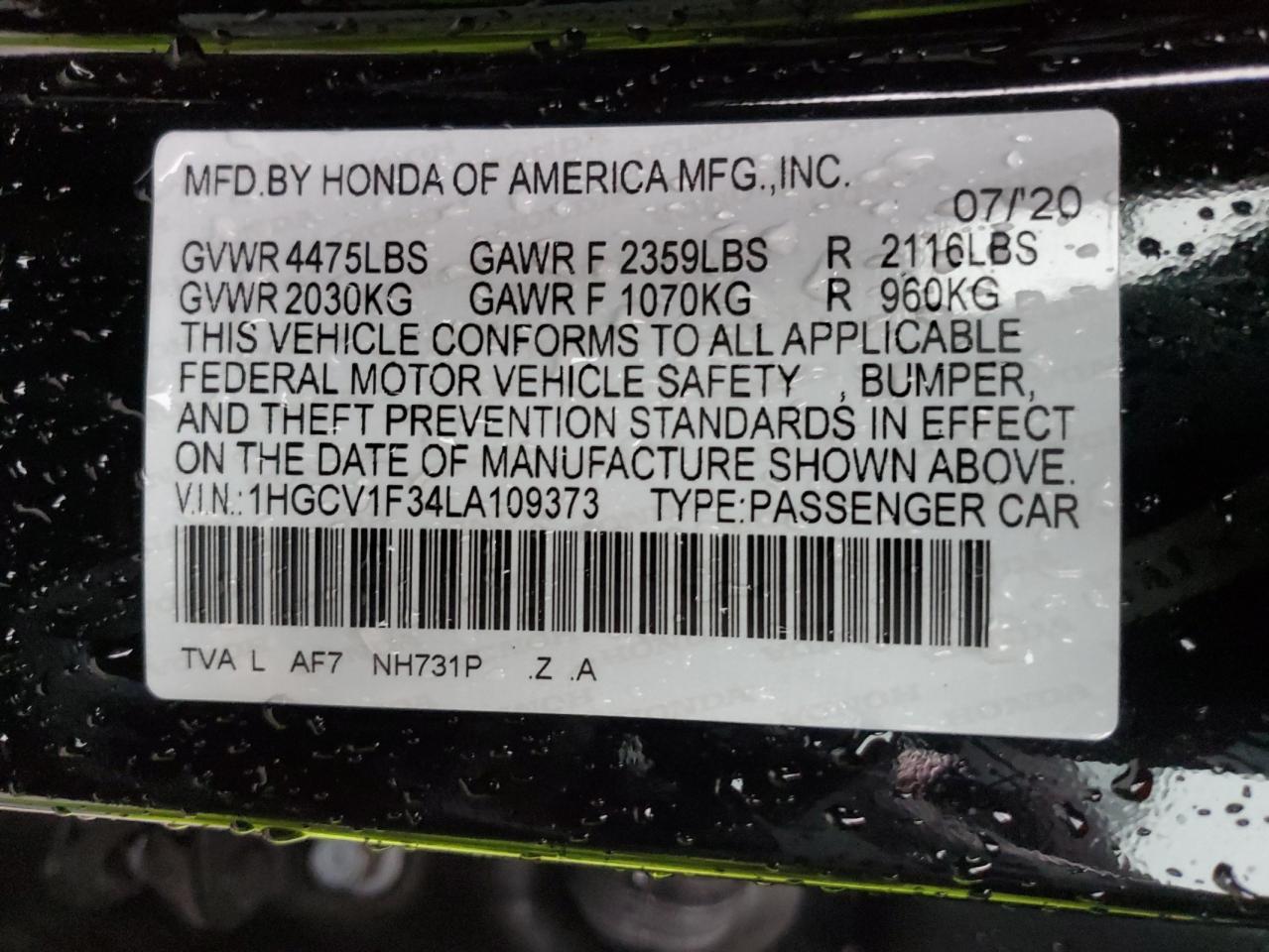 1HGCV1F34LA109373 HONDA ACCORD 2020