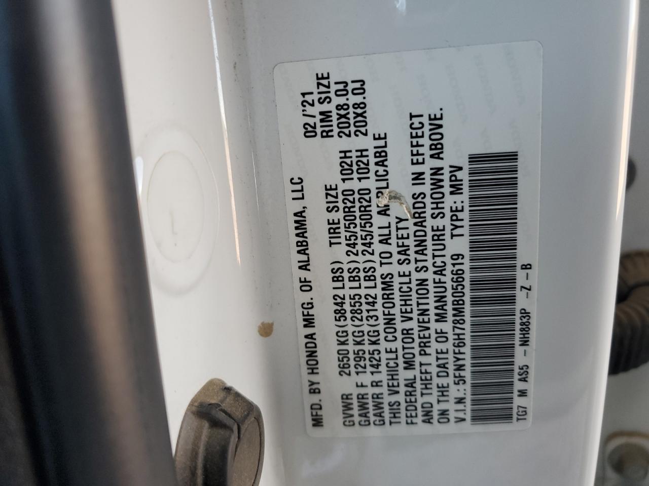 5FNYF6H78MB056619 HONDA PILOT 2021