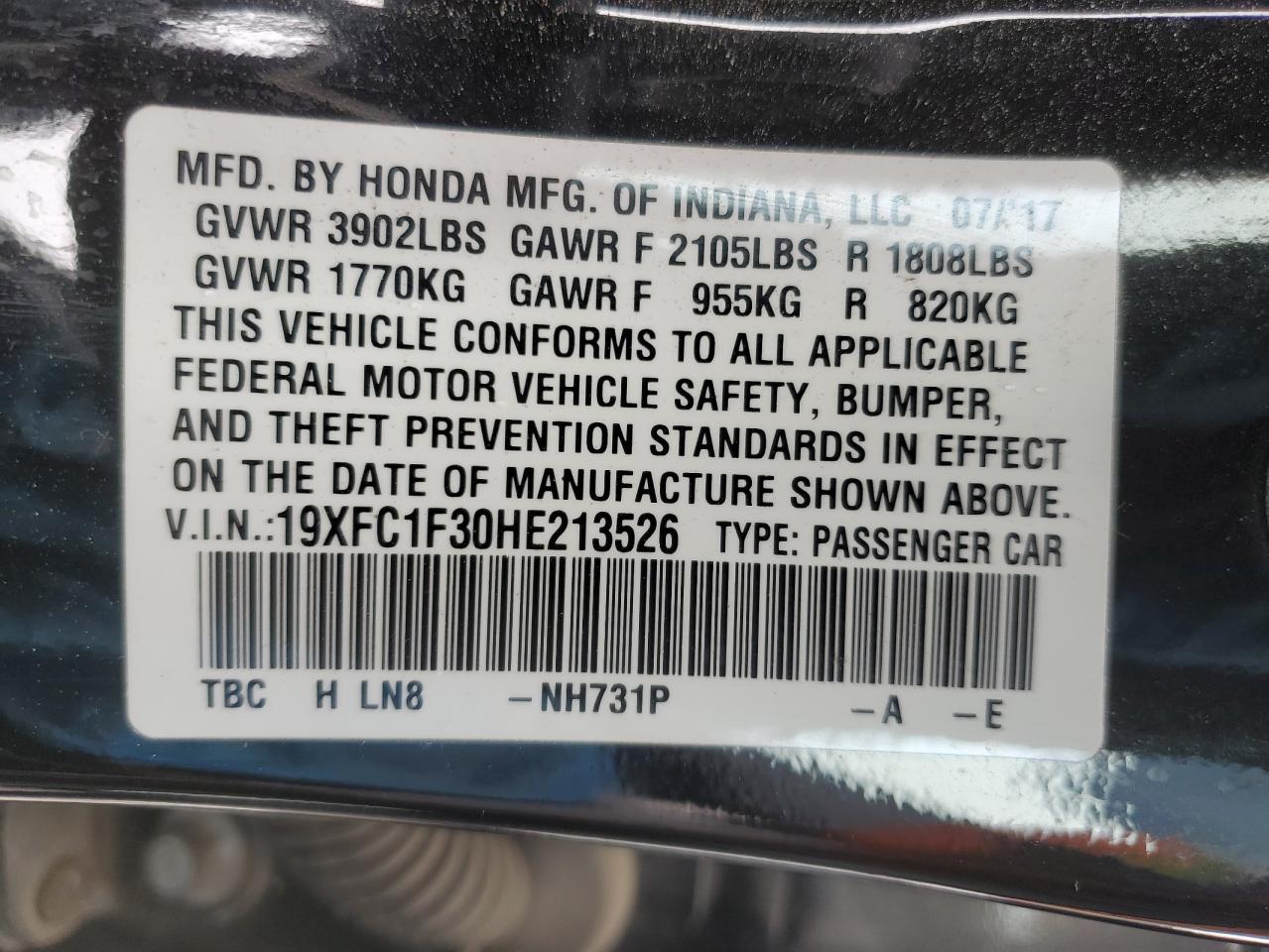 19XFC1F30HE213526 HONDA CIVIC 2017