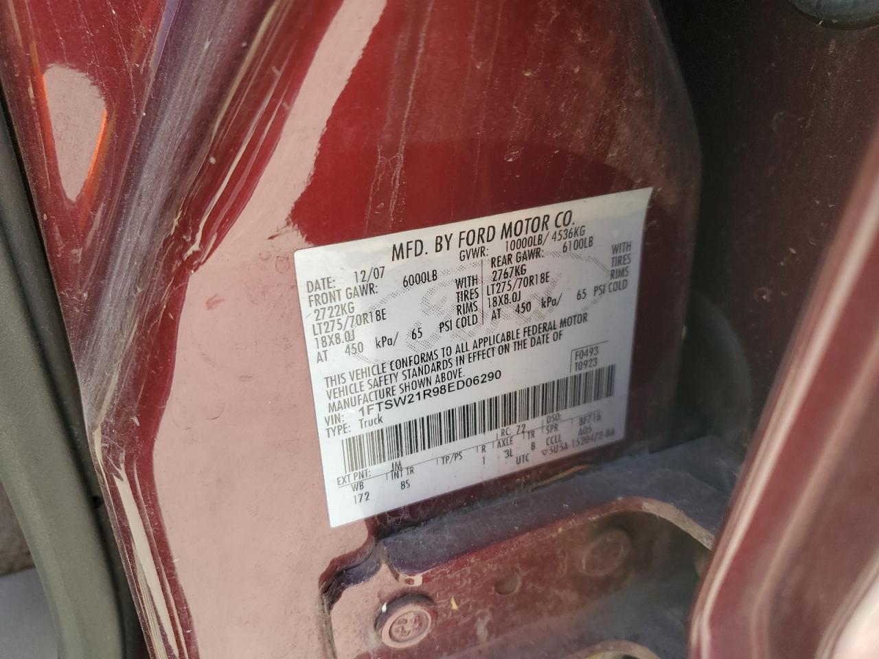 2008 Ford F250 Super Duty VIN: 1FTSW21R98ED06290 Lot: 47755795