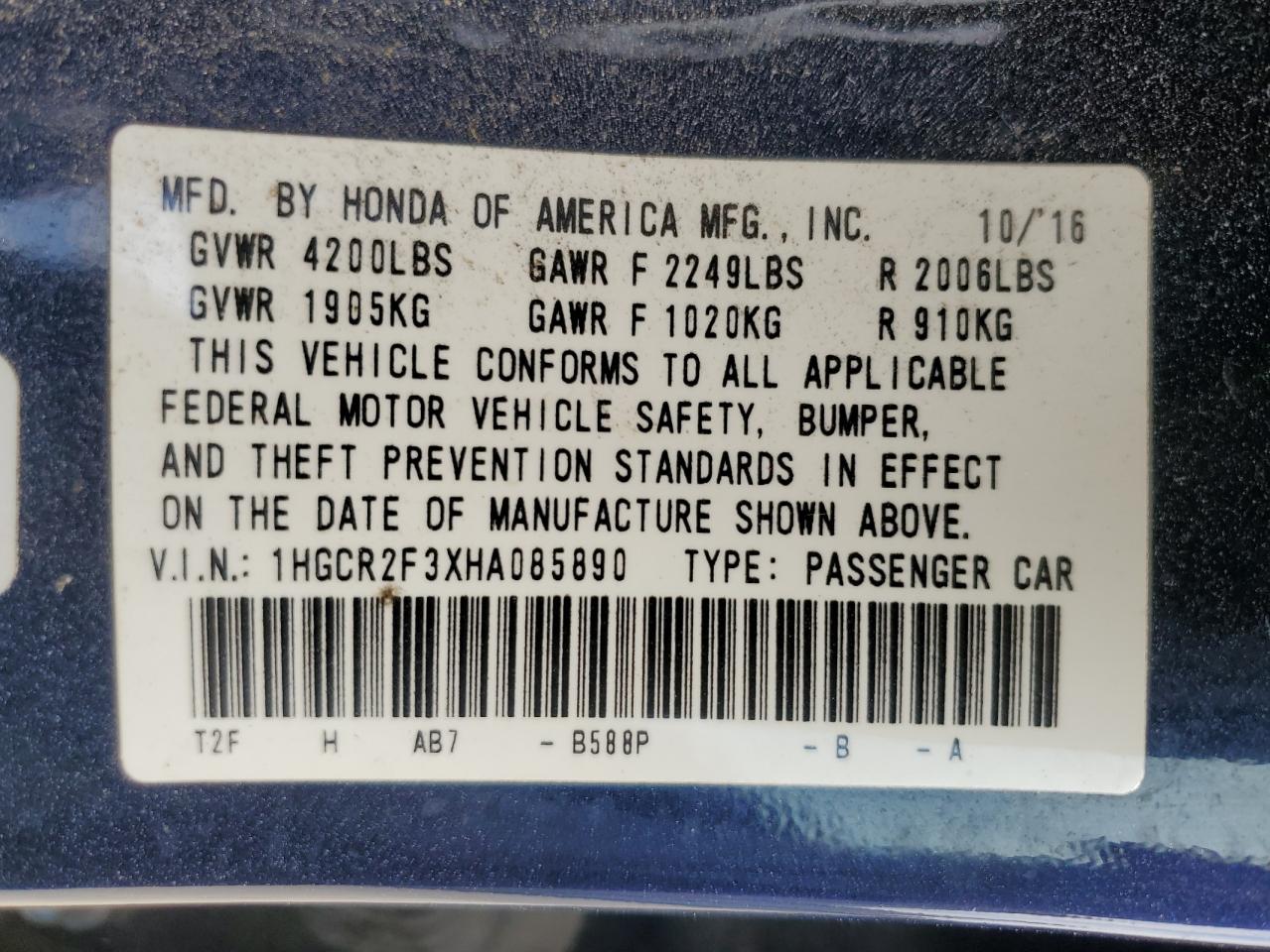 1HGCR2F3XHA085890 HONDA ACCORD 2017