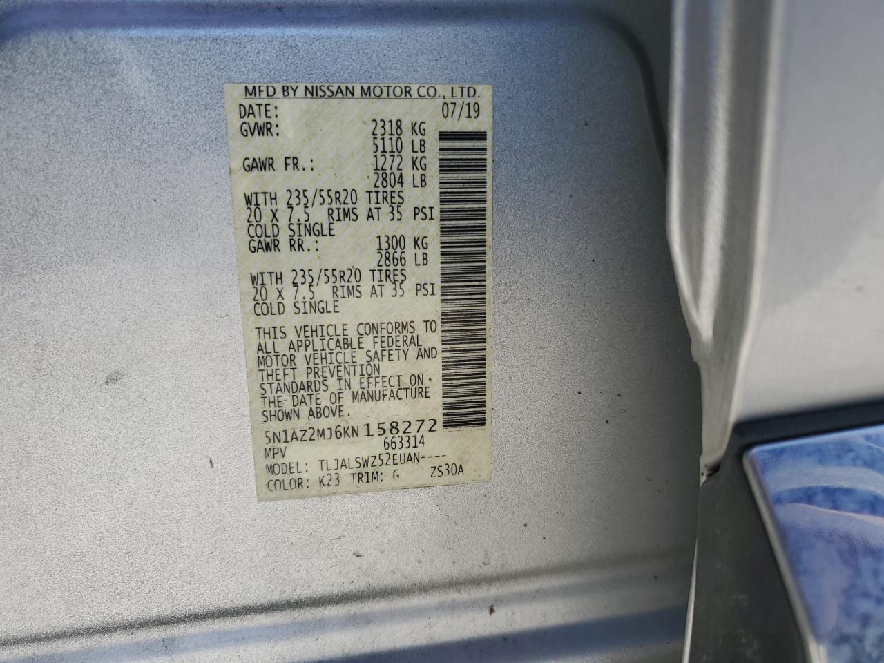 5N1AZ2MJ6KN158272 NISSAN MURANO 2019