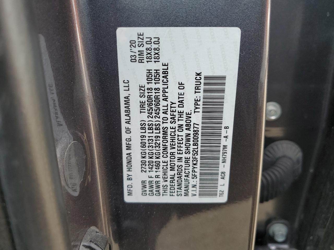 2020 Honda Ridgeline Rtl VIN: 5FPYK3F52LB009877 Lot: 50713275