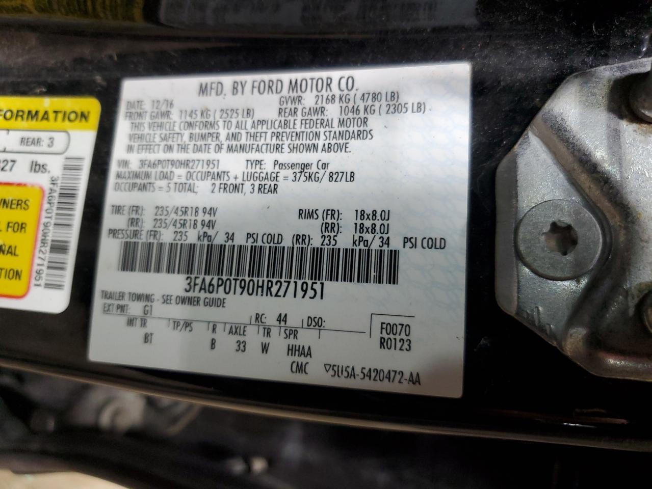 3FA6P0T90HR271951 FORD FUSION 2017
