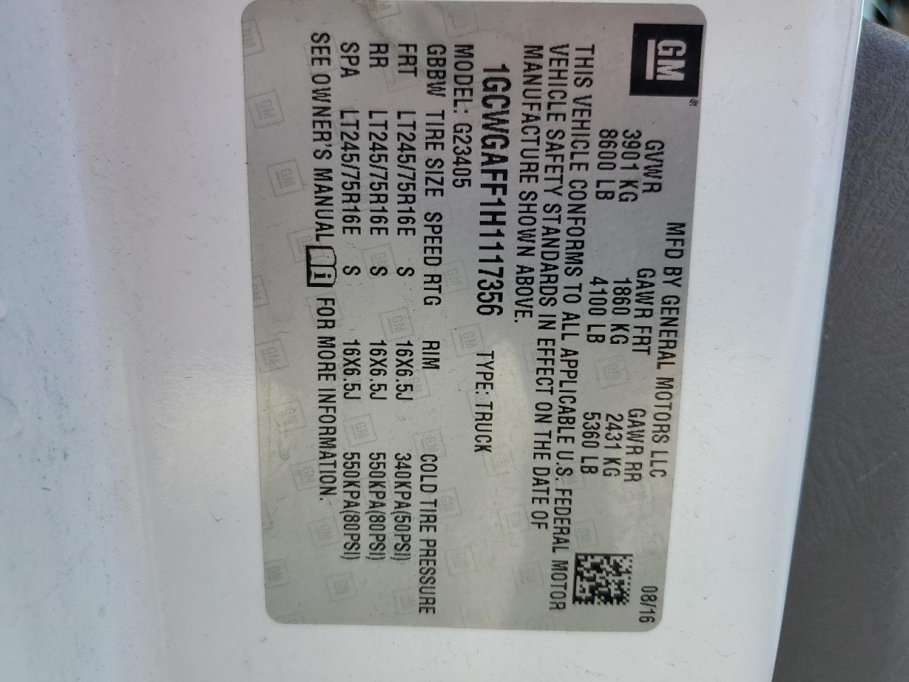 2017 Chevrolet Express G2500 VIN: 1GCWGAFF1H1117356 Lot: 49169735