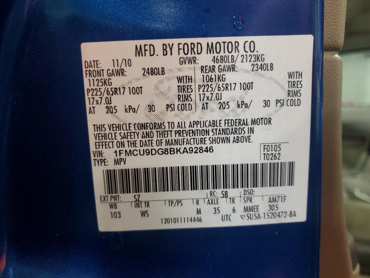 2011 Ford Escape Xlt VIN: 1FMCU9DG8BKA92846 Lot: 49614845