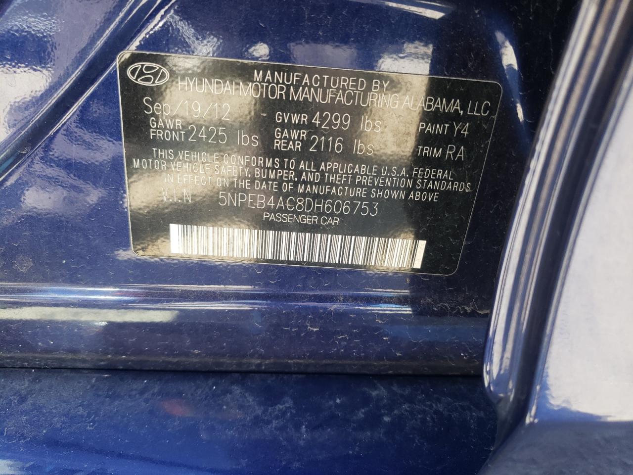 2013 Hyundai Sonata Gls VIN: 5NPEB4AC8DH606753 Lot: 50639135