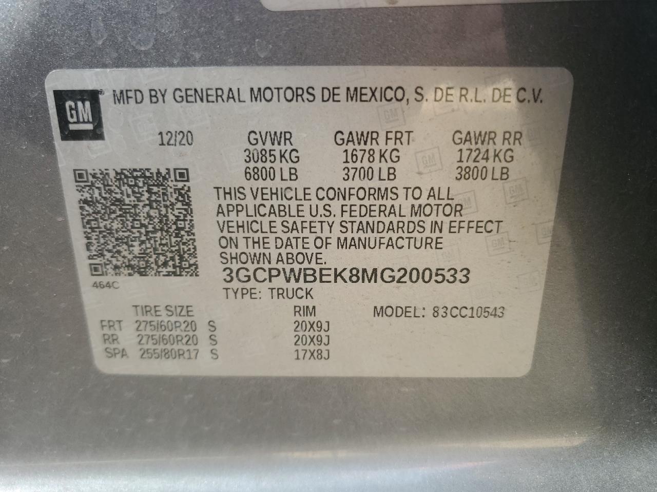 3GCPWBEK8MG200533 CHEVROLET ALL Models 2021