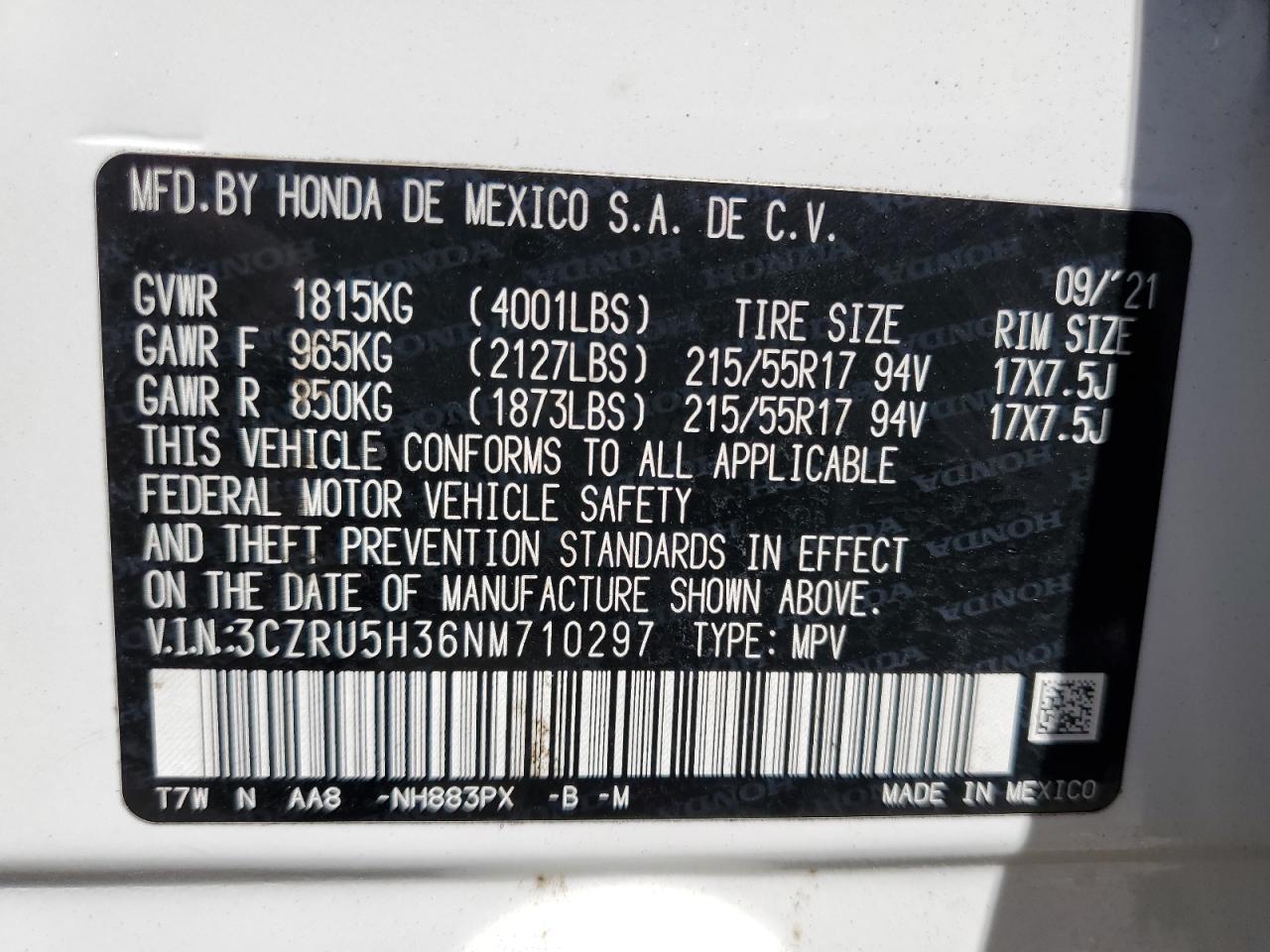 3CZRU5H36NM710297 HONDA HR-V 2022