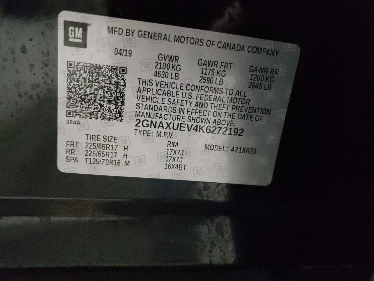 2GNAXUEV4K6272192 CHEVROLET EQUINOX 2019