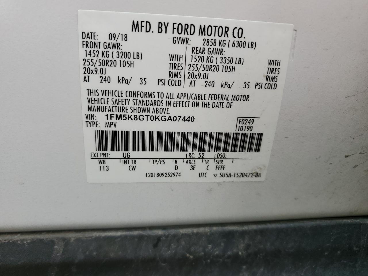 2019 Ford Explorer Sport VIN: 1FM5K8GT0KGA07440 Lot: 70308575