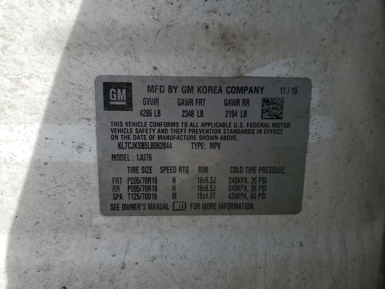 KL7CJKSB5LB062844 CHEVROLET TRAX 2020