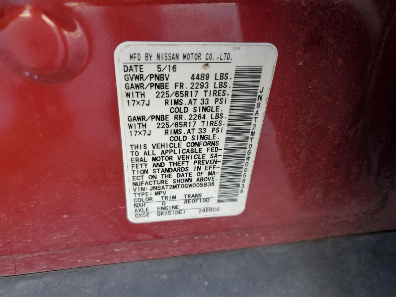 JN8AT2MT0GW005836 NISSAN ROGUE 2016