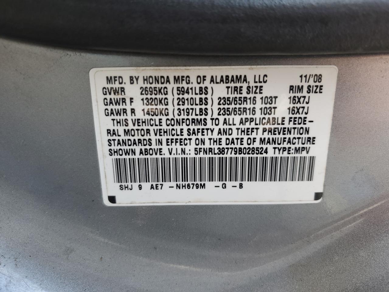 2009 Honda Odyssey Exl VIN: 5FNRL38779B028524 Lot: 48247625