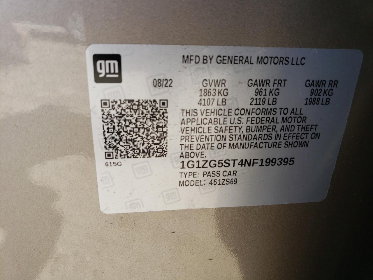1G1ZG5ST4NF199395 CHEVROLET MALIBU 2022