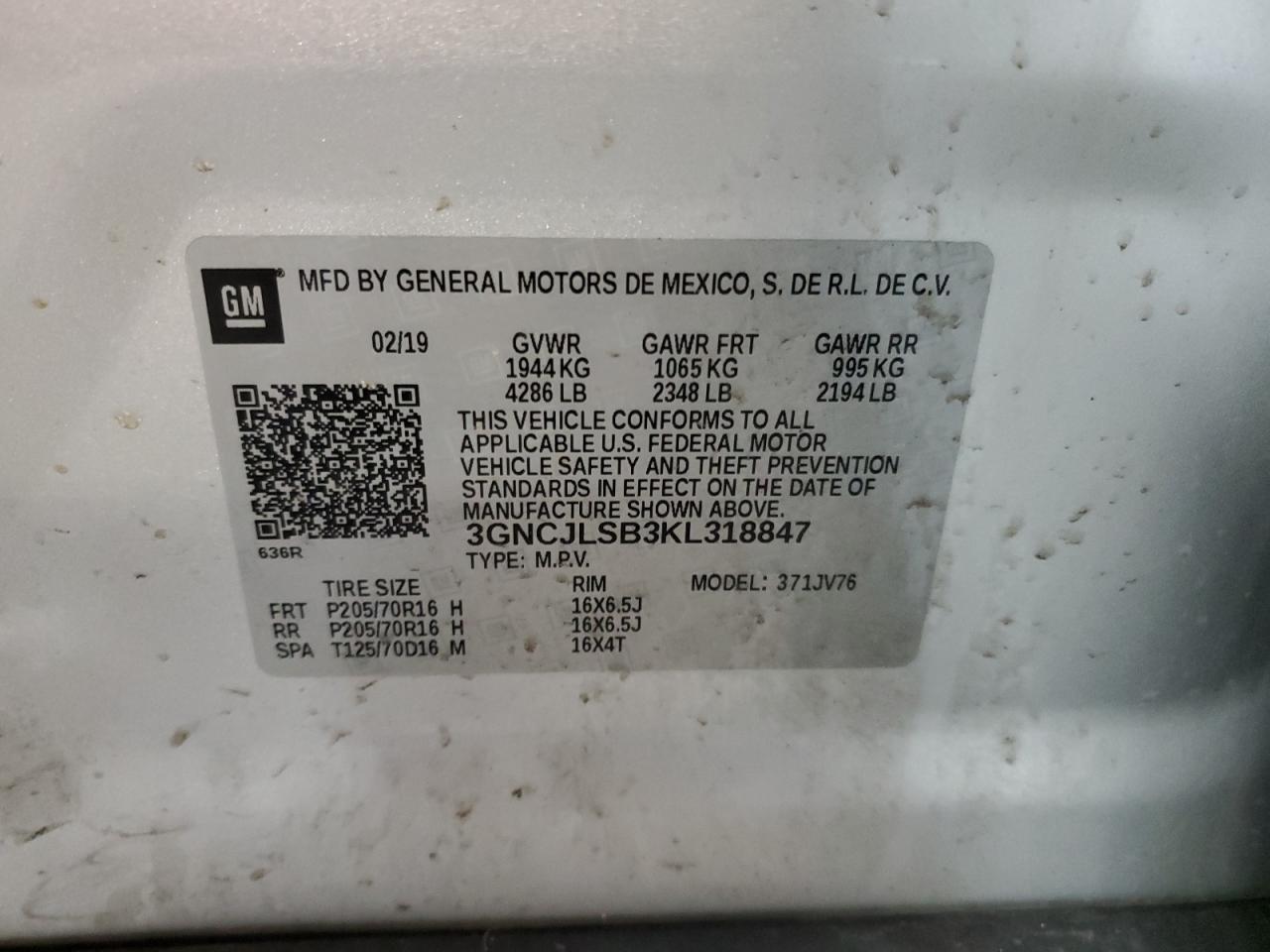 3GNCJLSB3KL318847 CHEVROLET TRAX 2019