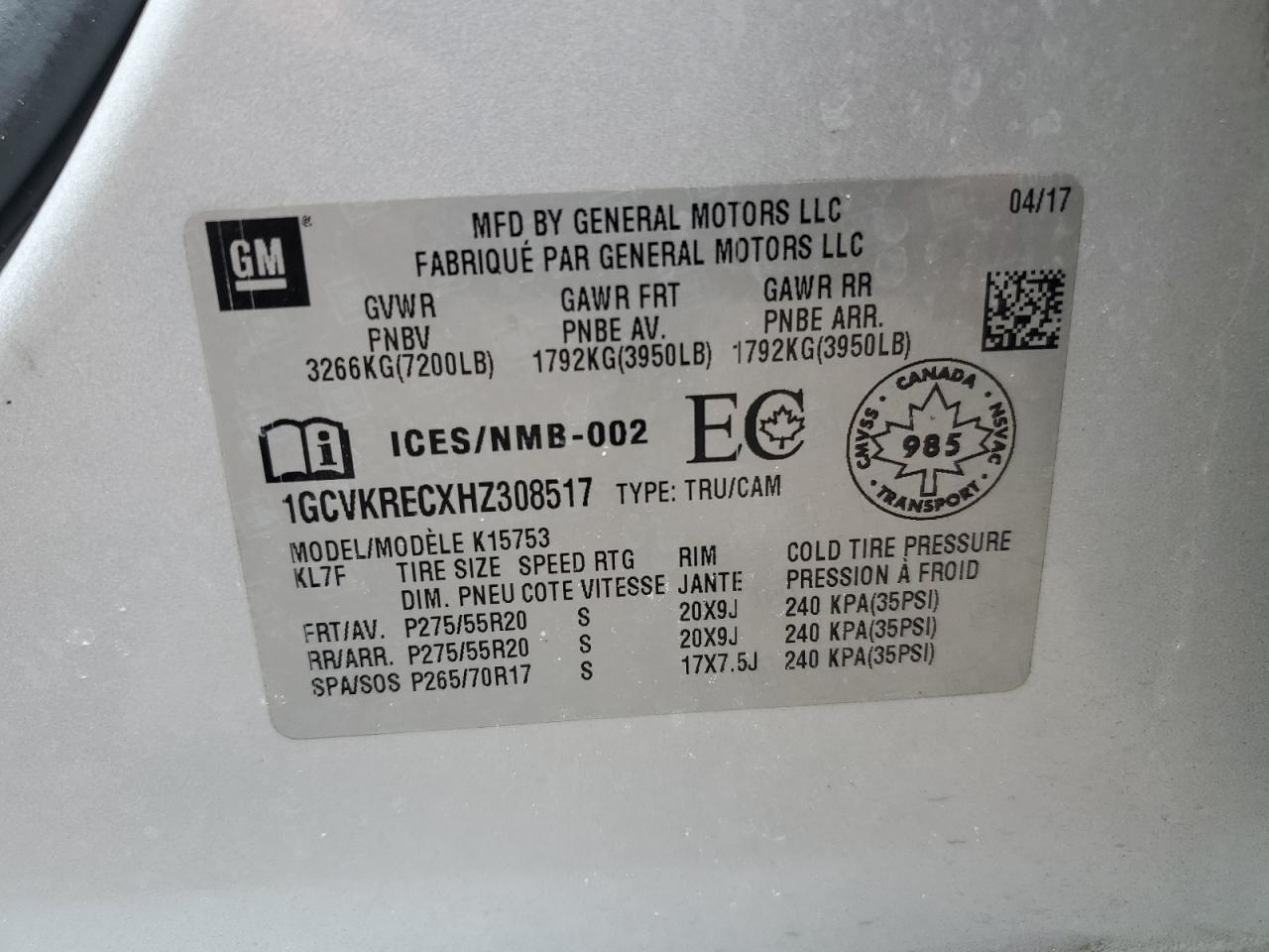 1GCVKRECXHZ308517 CHEVROLET ALL Models 2017
