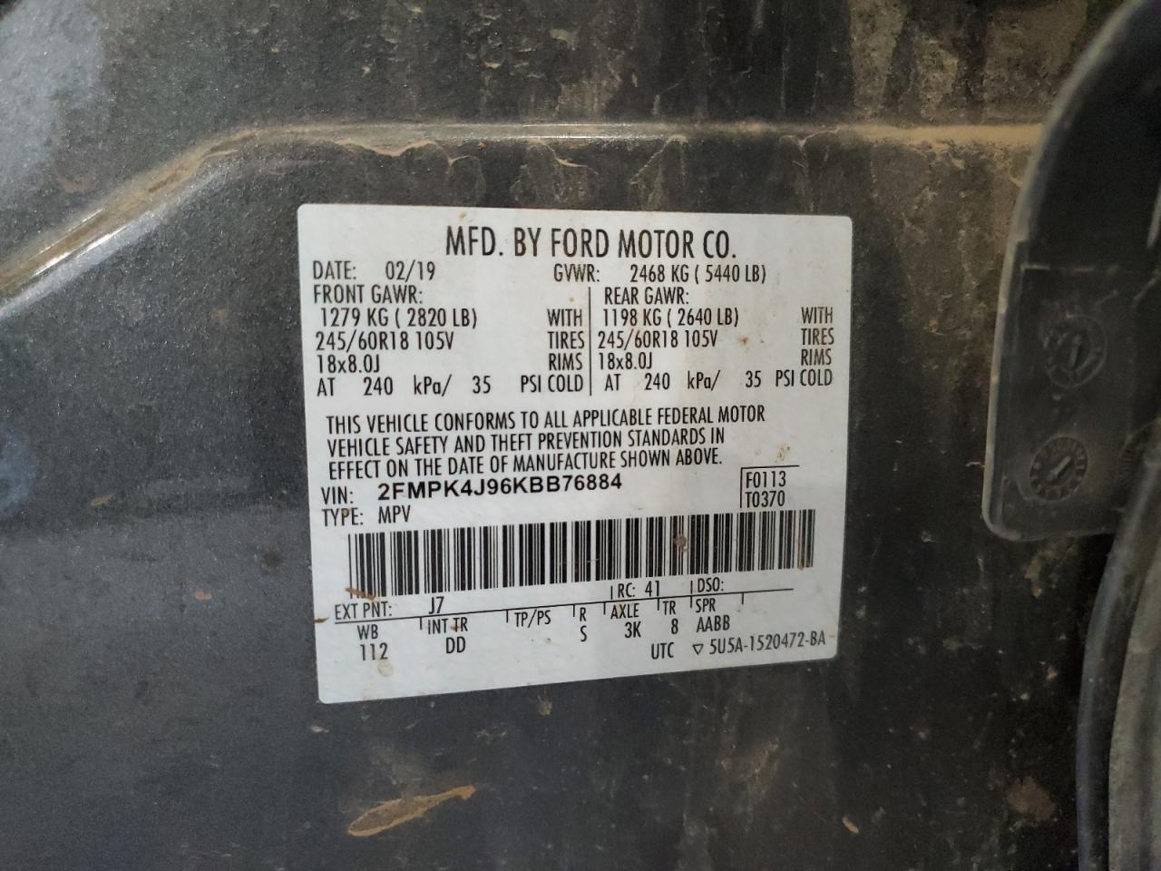 2FMPK4J96KBB76884 FORD EDGE 2019