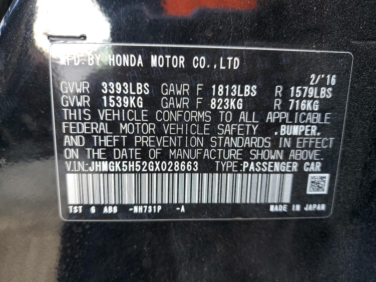 JHMGK5H52GX028663 HONDA FIT 2016