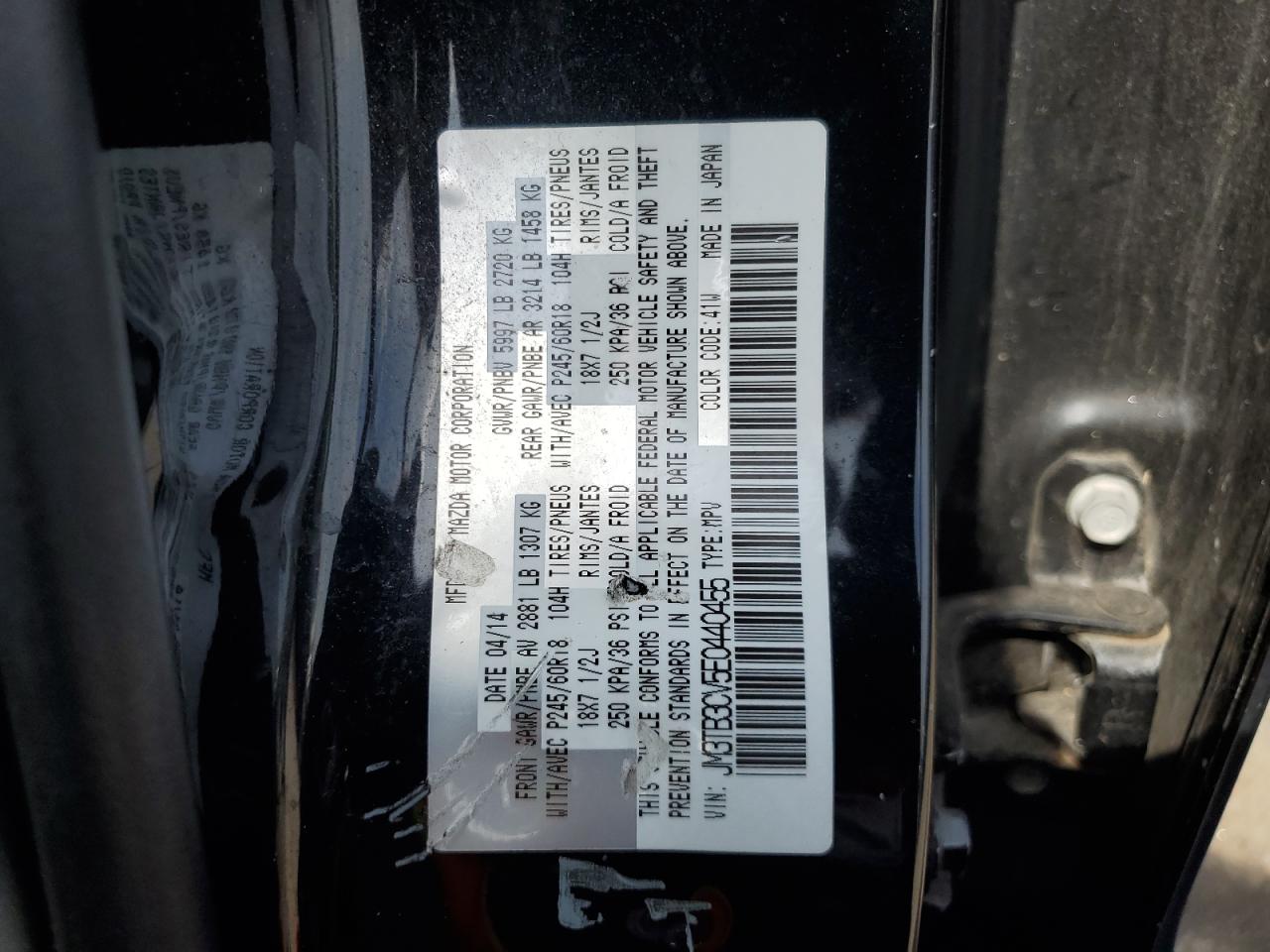 2014 Mazda Cx-9 Touring VIN: JM3TB3CV5E0440455 Lot: 51060615